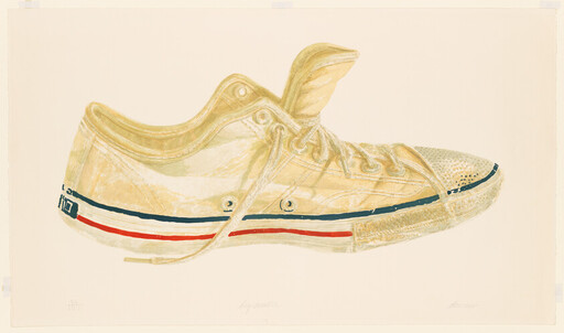 A worn low-top canvas sneaker with untied laces and red and blue side stripes.