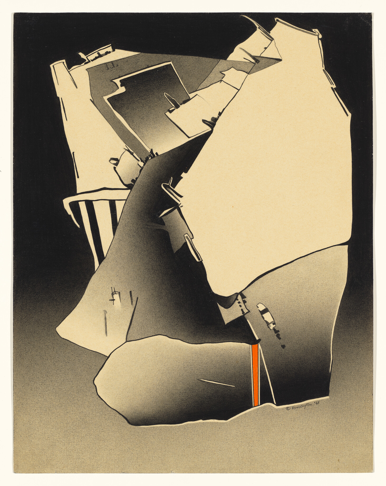 Large abstract beige and black rock shapes with a thin vertical orange stripe near the bottom.