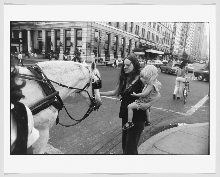 A woman holding a small child reaches out to pet a white horse at a city street corner.