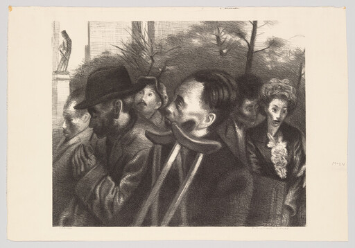 A crowd of somber people standing outdoors led by a man using crutches.