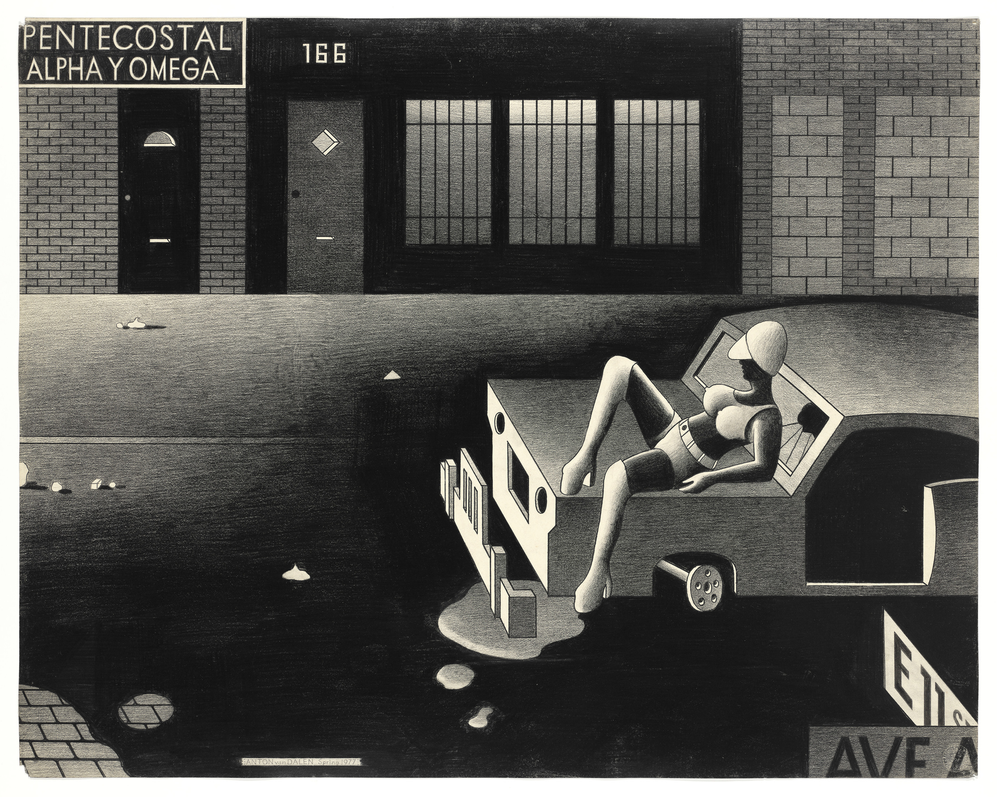 A woman in a cap, bra, shorts, and knee-high platform boots leans back on the hood of a parked car. A nearby building's sign reads Pentecostal Alpha y Omega.