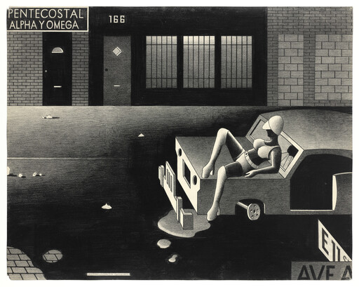 A woman in a bikini lounges in the open doorway of a parked car on a dark street.