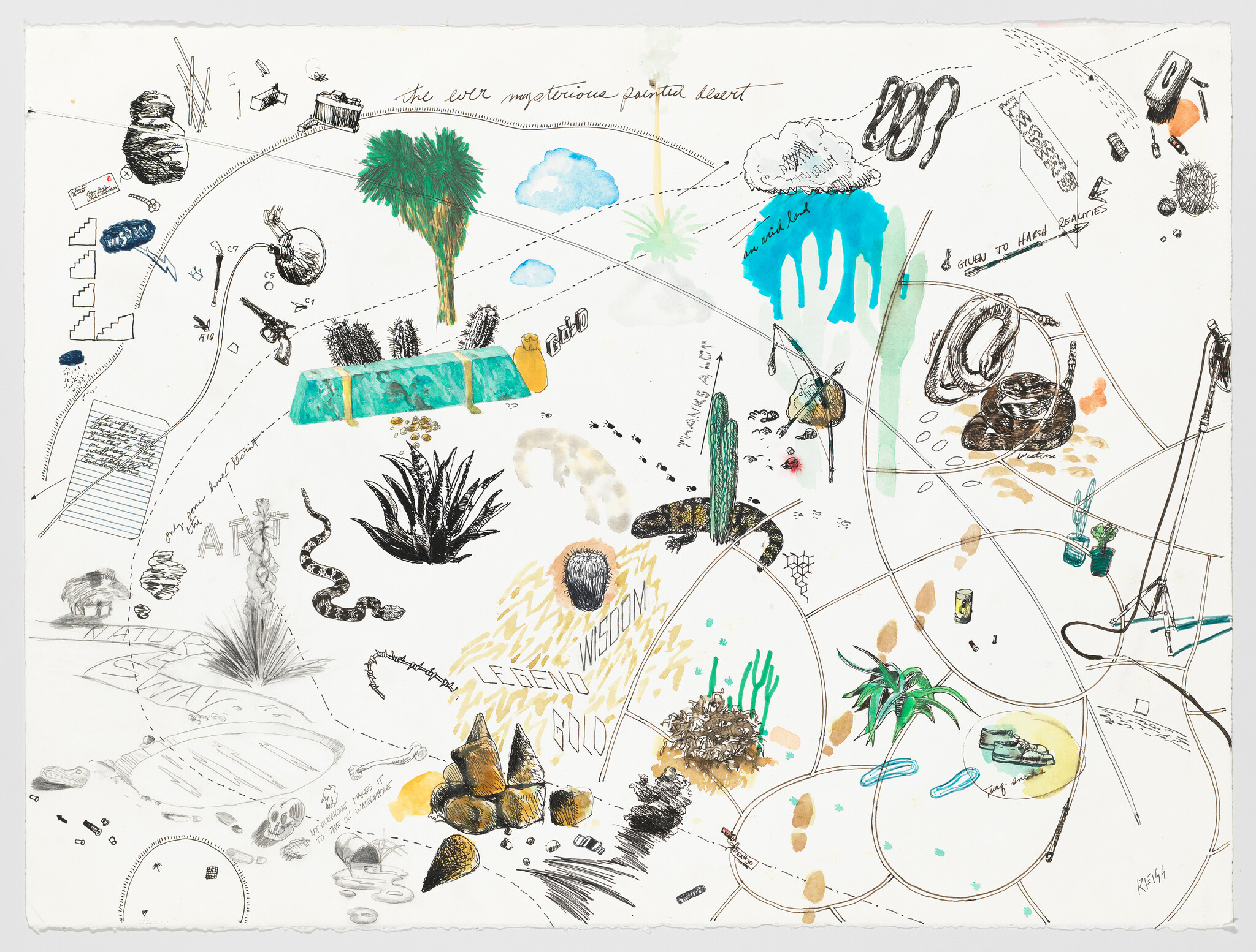 Hand-drawn desert map scattered with cacti, snakes, rocks, footprints, and small sketched objects.
