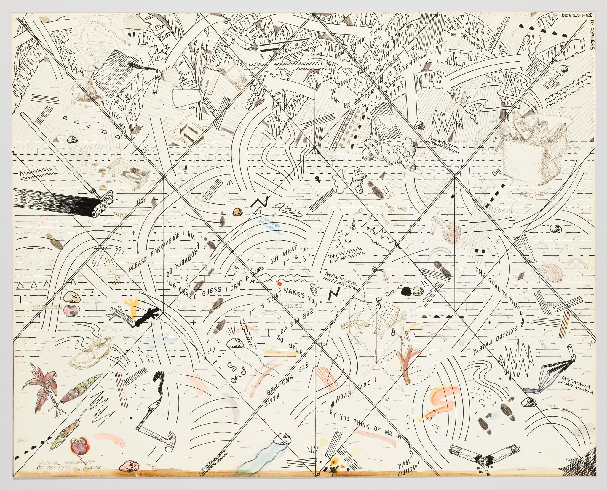 Large abstract drawing filled with scattered doodles, diagonal grid lines, and small annotated sketches.