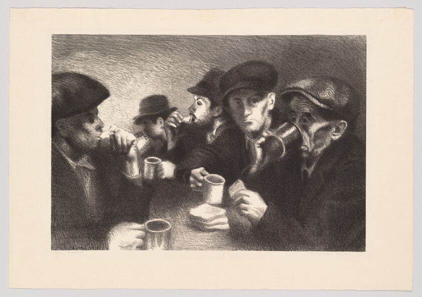 Five men in hats sit around a table drinking from mugs and looking toward the viewer.