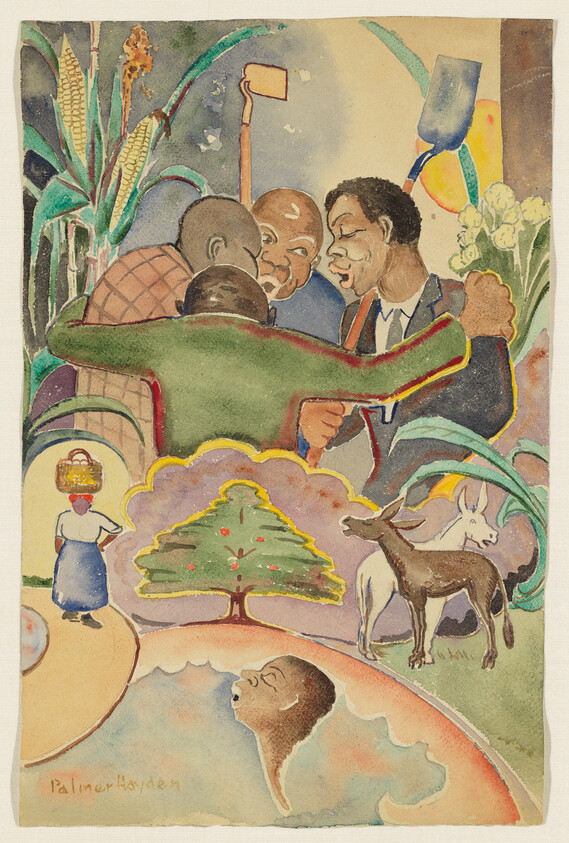 Four men embrace and talk closely in a colorful scene with surrounding pastoral and island imagery.