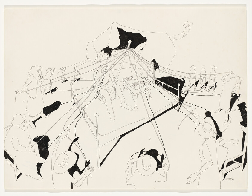 A group of people sit and pull ropes attached to a suspended animal over a central table.