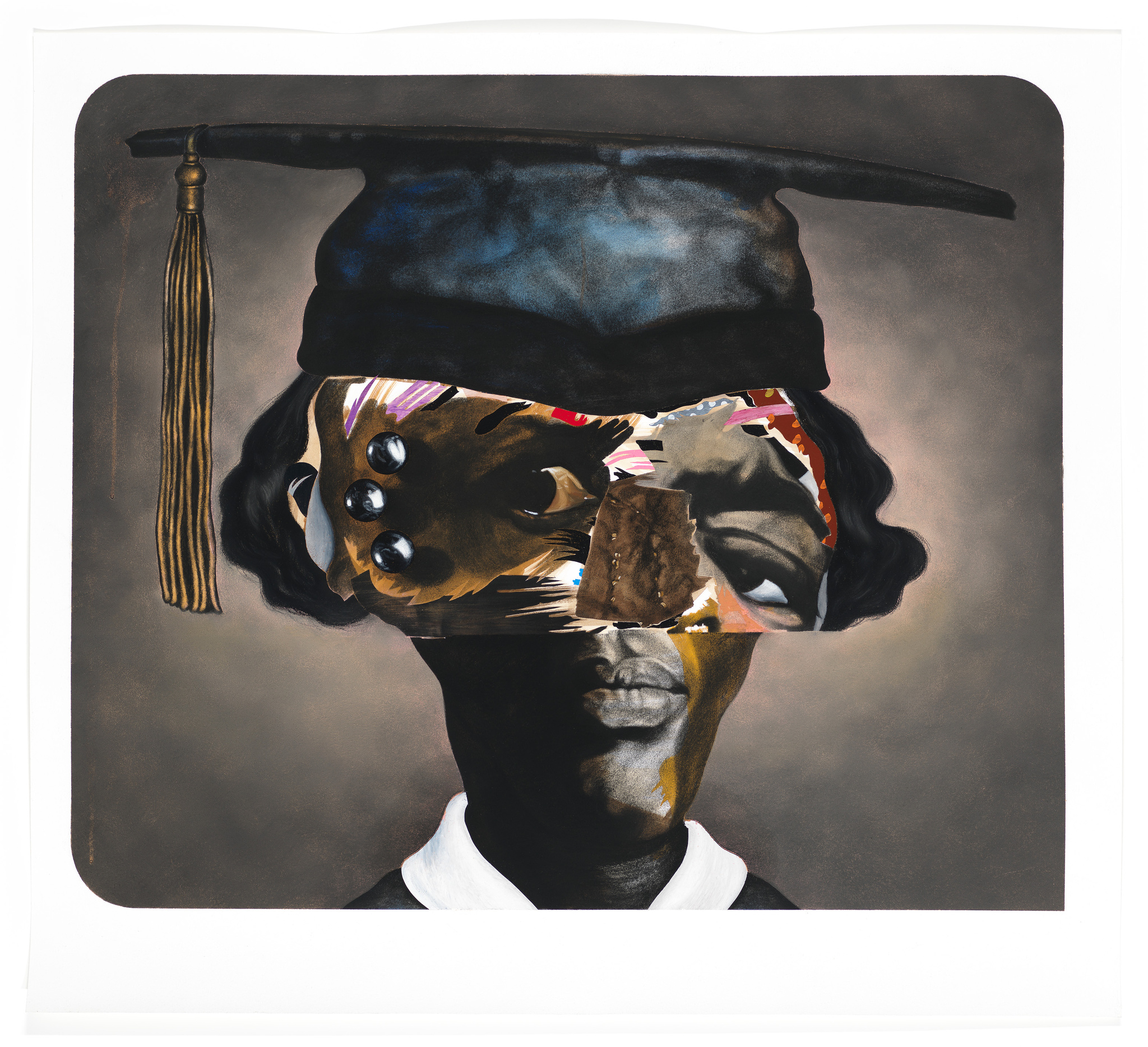 A Black person in a cap and gown, their eyes repositioned and mixed with colorful shapes like strewn puzzle pieces.