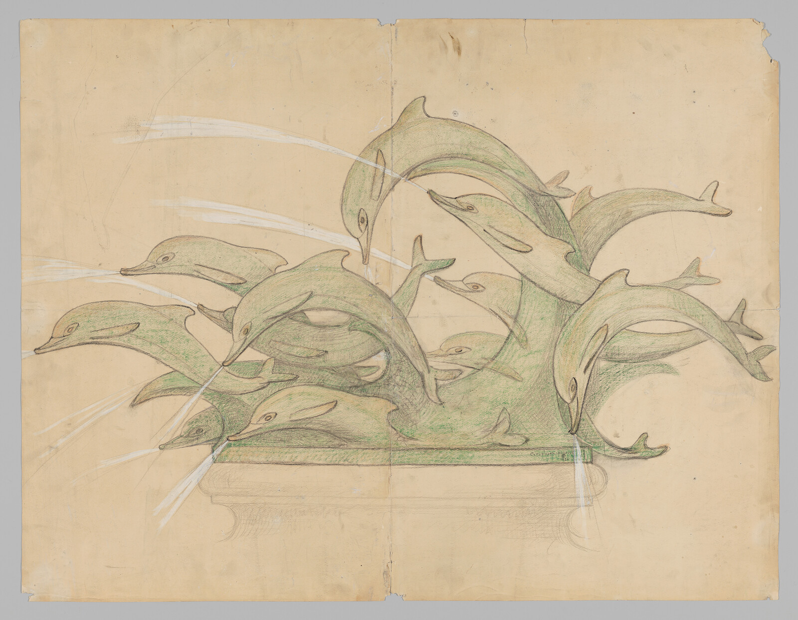 A pencil and green chalk sketch of multiple dolphins leaping as a decorative fountain, water spouting.