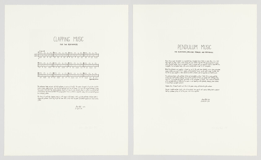 Two printed music scores titled "Clapping Music" and "Pendulum Music" displayed side by side.
