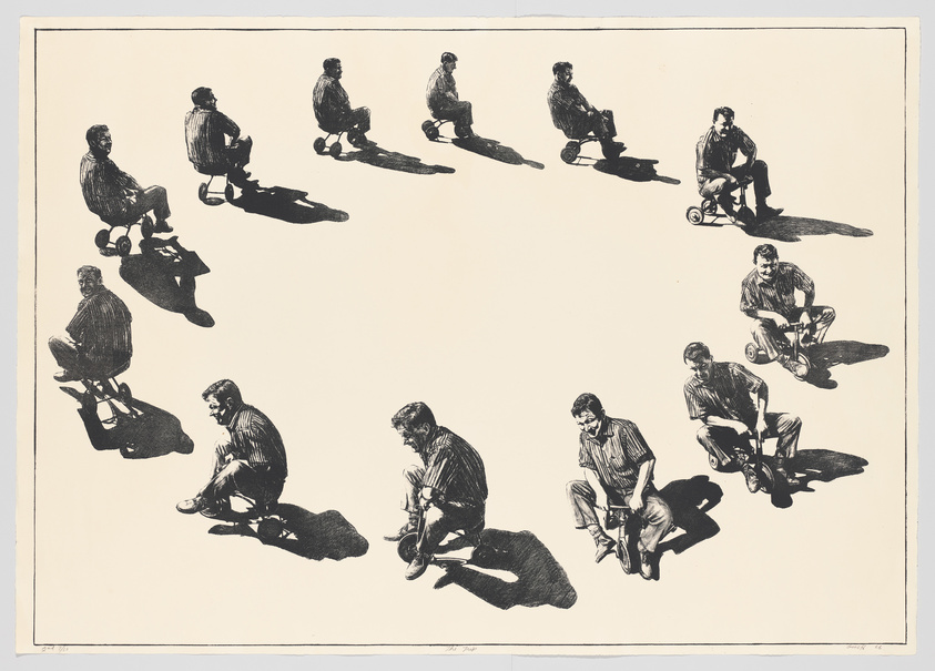 Illustration of multiple men in various seated positions casting long shadows, resembling a sequence of movements.