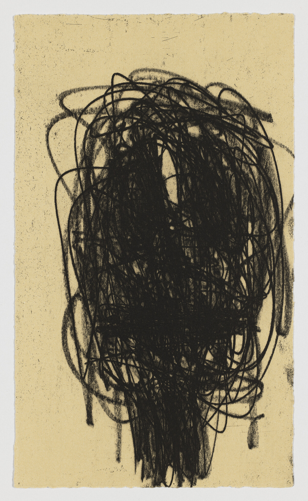 Wild, overlapping dense circles in black on a tan background