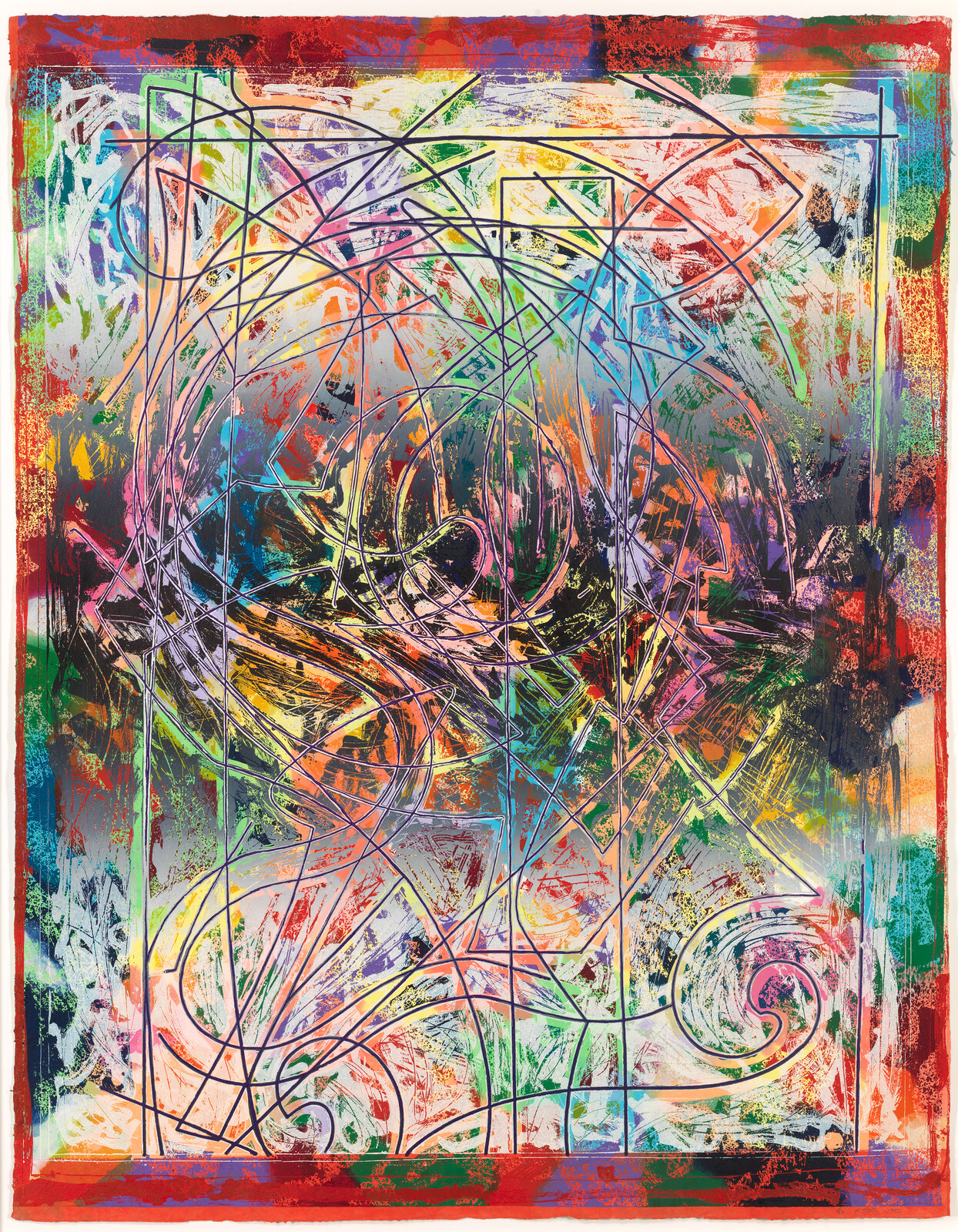 Abstract colorful painting with swirling lines, geometric grid, and layered brushstrokes creating energetic movement.