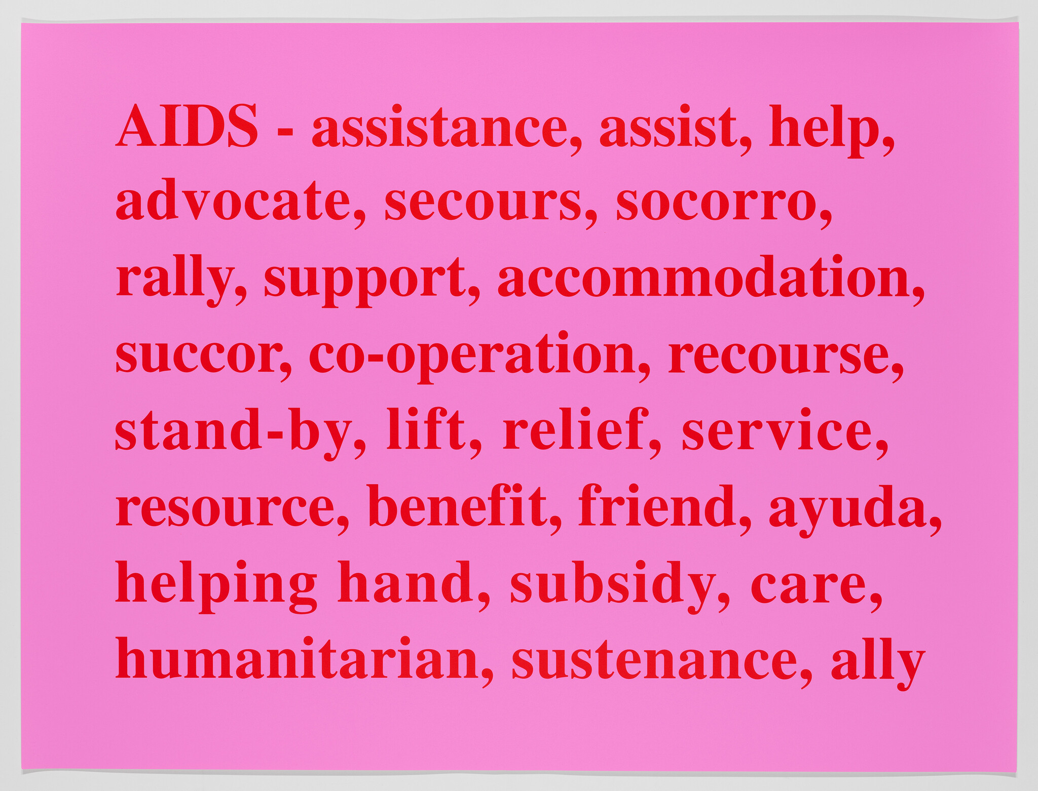 Pink poster with synonyms for aid related to AIDS in red text, including assistance, support, and humanitarian.