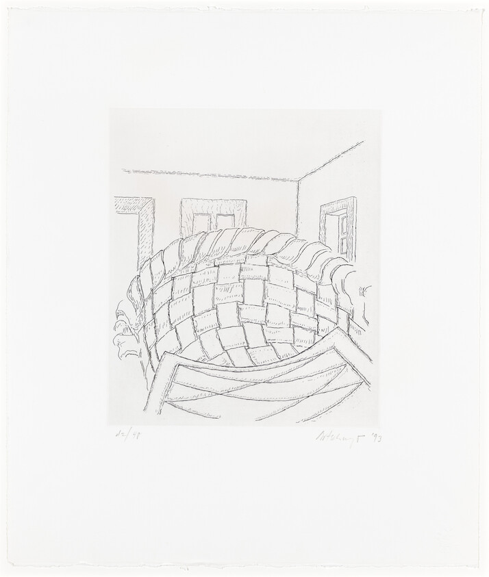 A black and white etching of a woven basket-like structure in the foreground with a simplistic representation of a room with windows in the background. The artwork is signed and numbered at the bottom.
