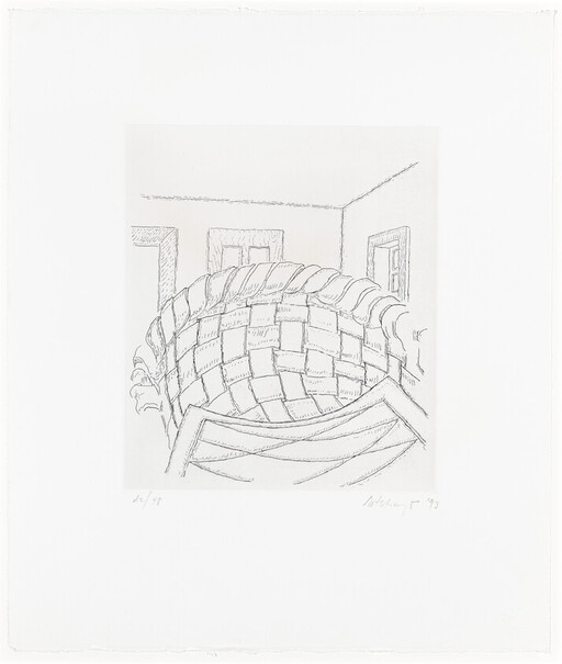 A large woven basket-like chair occupies the center of a simple room with three windows.
