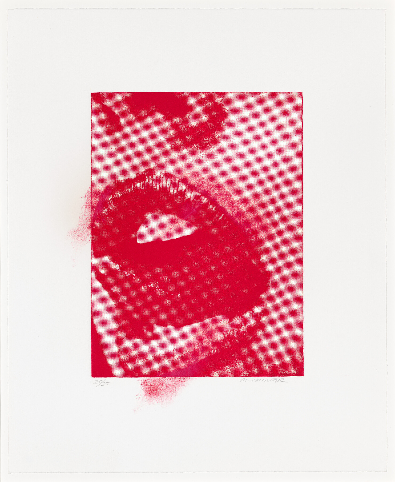 Close-up of a red-toned mouth with tongue touching the lower lip.