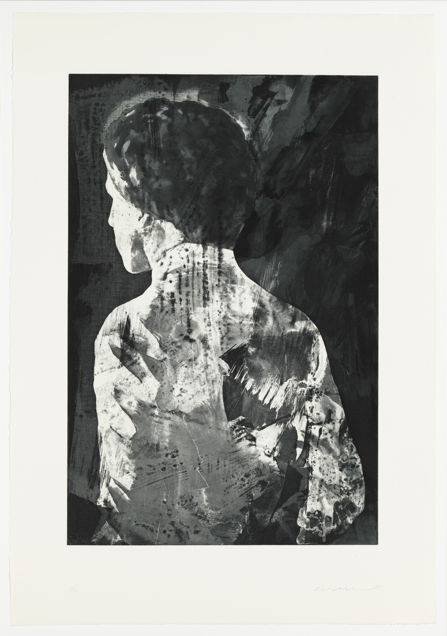 Monochrome abstract artwork of a person's silhouette with textured brush strokes.