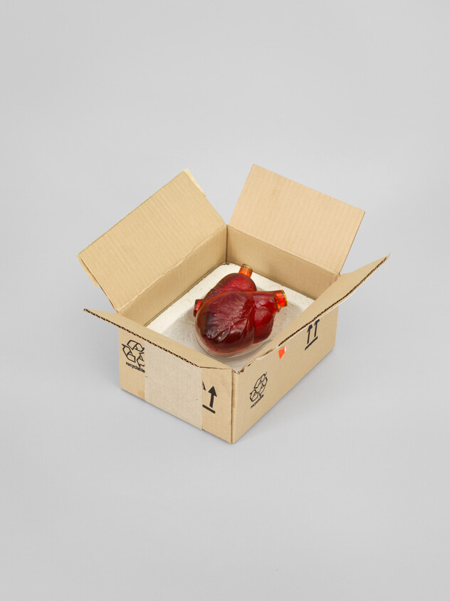A cardboard box is open, revealing a single red bell pepper nestled on a bed of packing material. The box has symbols indicating which side should face up and that it contains fragile contents.