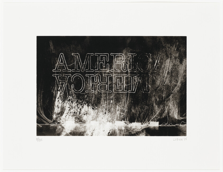 A black and white artwork featuring the words "AMERICAN WOMEN" in reverse, with the letters appearing as if they are etched or scratched out of a dark background. The text is surrounded by abstract, scratchy textures, and there is a series of white horizontal lines at the bottom, suggesting motion or disturbance. The piece is numbered "8/35" on the bottom left and signed with the date '15 on the bottom right.