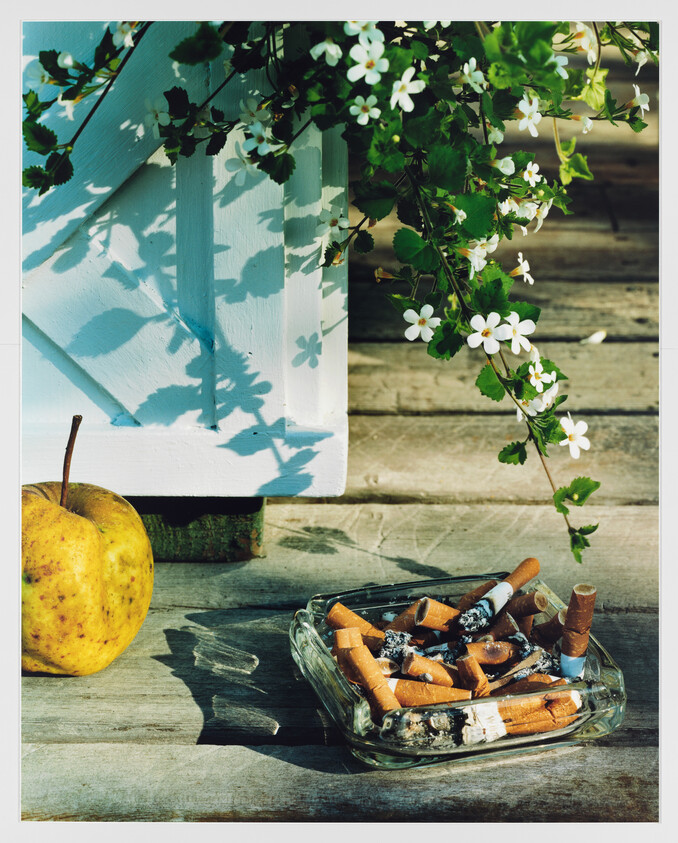 An ashtray overflowing with cigarette butts sits on a wooden table beneath hanging white flowers.