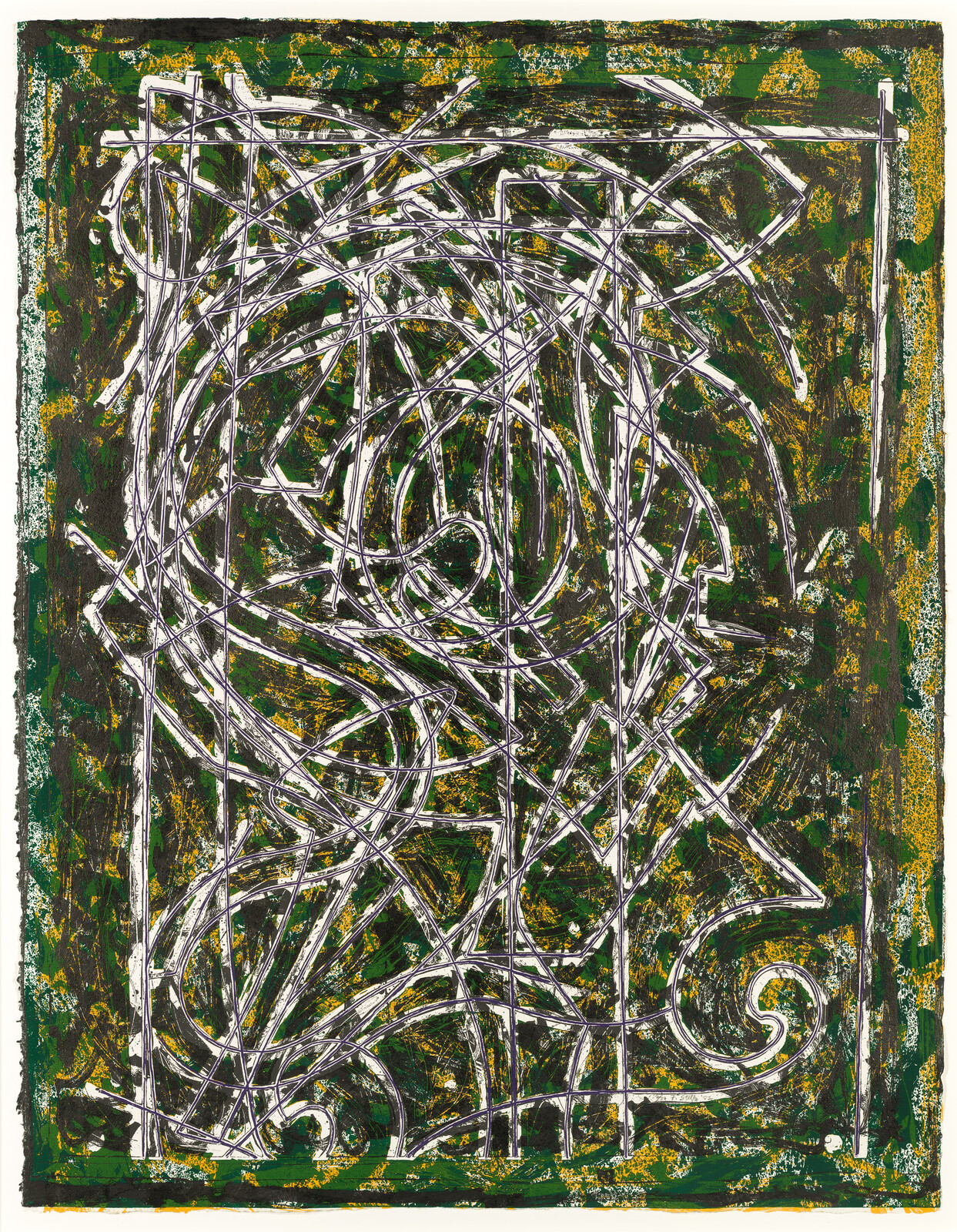 Tangled white lines weave across a green and yellow textured rectangular background.