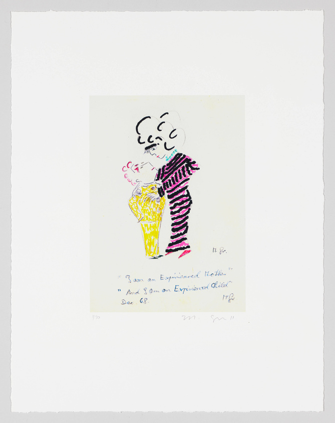 Illustration of a stylized figure with a large mustache wearing a striped shirt and holding a bouquet of flowers, with handwritten text below that reads "I am an Experienced Mother" and "And I am an Experienced Child" dated Dec 68. The artwork is numbered and signed by the artist.