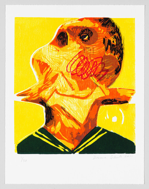 Bright yellow abstract portrait of a person with a distorted face and red scribble.