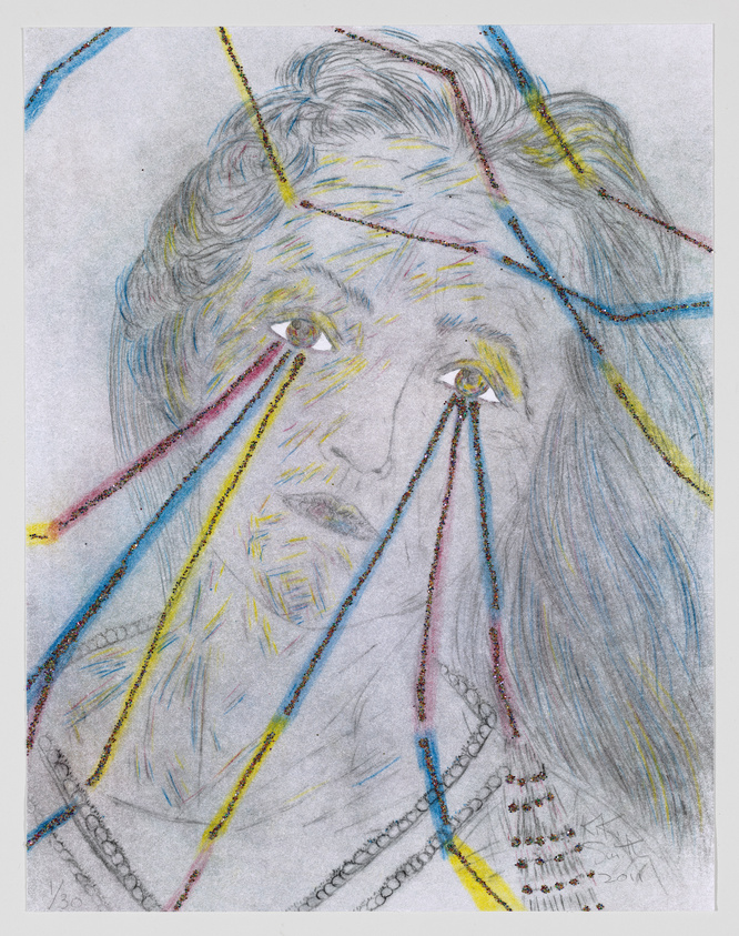 A hand-drawn portrait of a person with visible pencil strokes in various colors, predominantly blue and yellow, creating an abstract effect. The subject's eyes are detailed and expressive, and there are lines and patterns that overlay the image, suggesting a sense of motion or energy. The drawing includes hints of a necklace and is signed and dated by the artist in the bottom right corner.