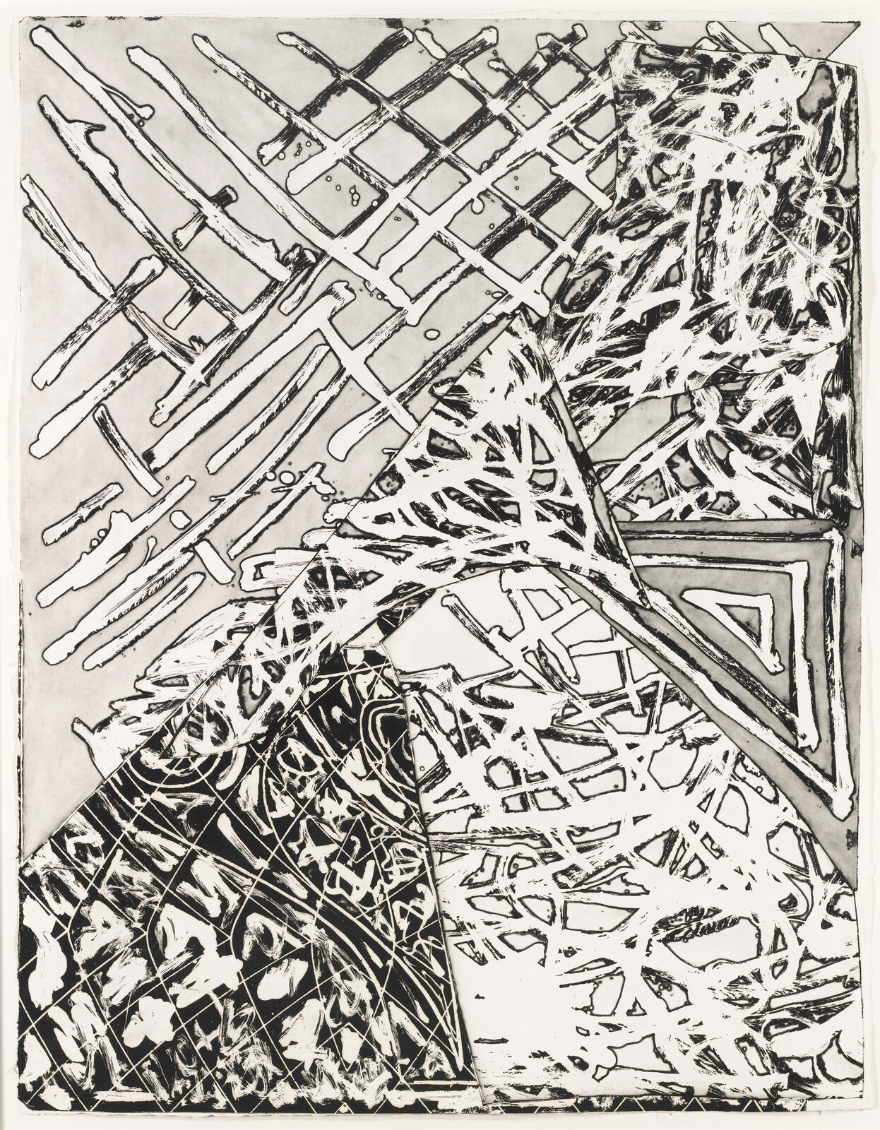 Abstract black-and-white composition of overlapping triangular panels filled with intersecting scratches and grid-like lines.