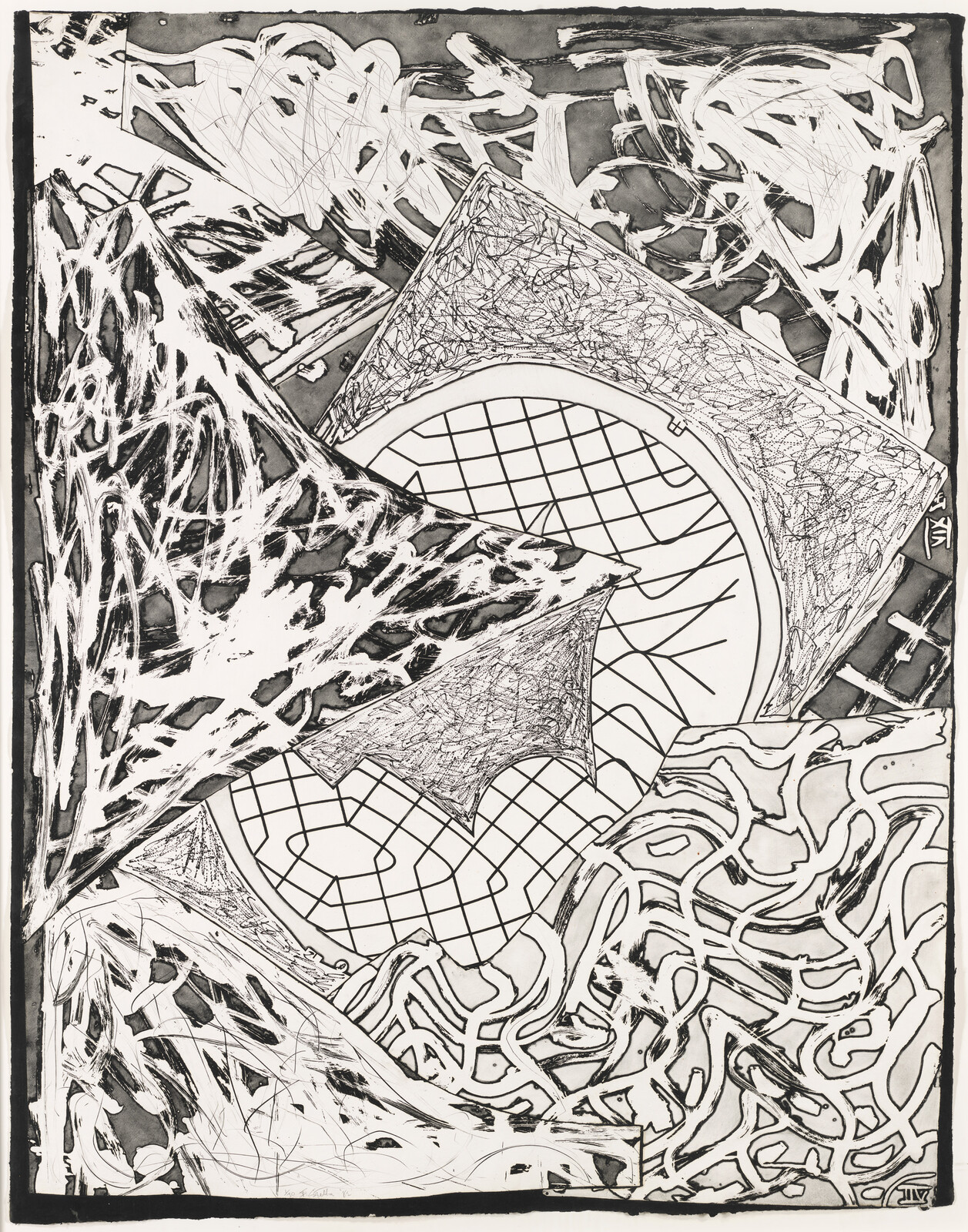 Abstract black-and-white drawing with overlapping triangular forms, circular grid, and intricate scribble patterns.