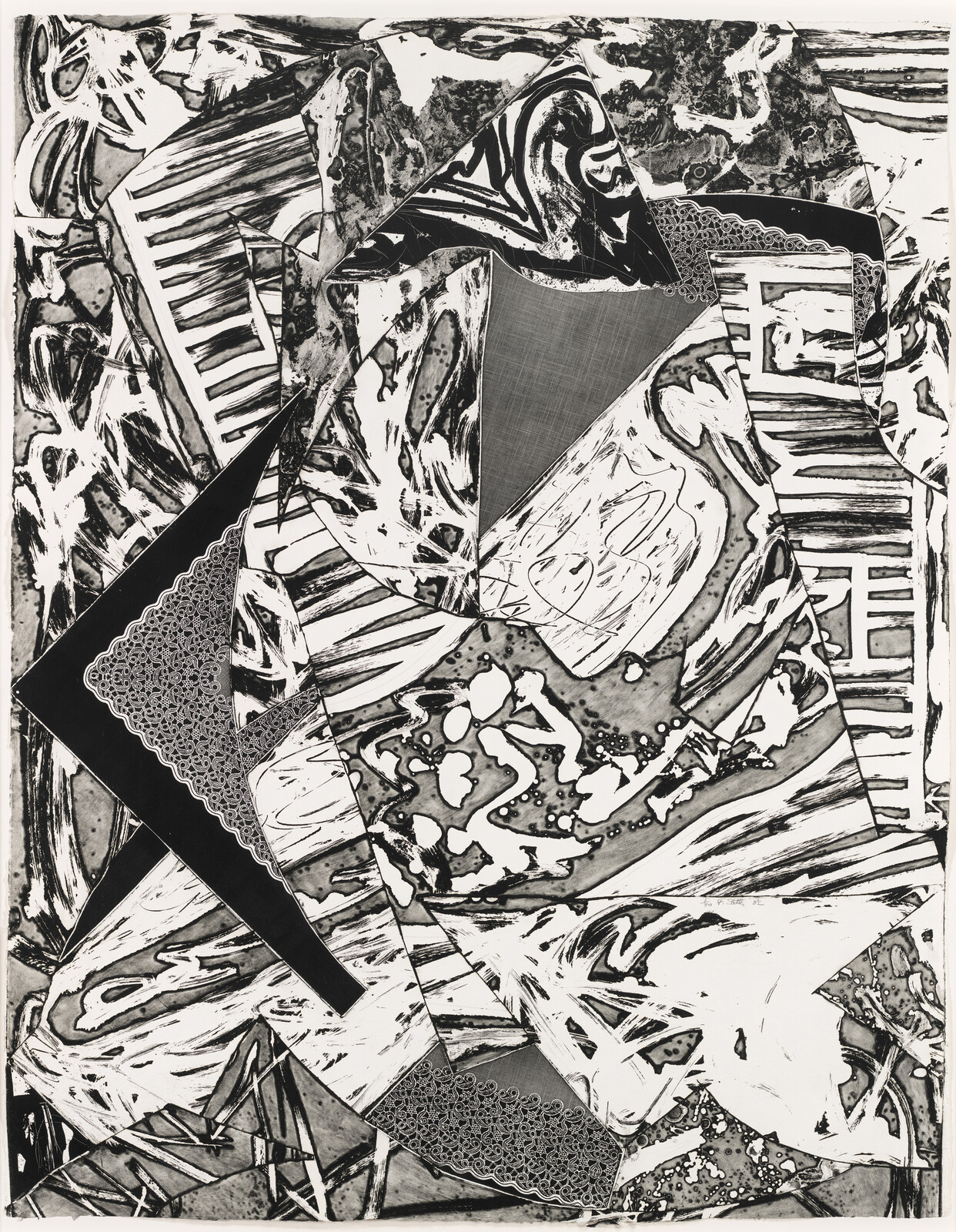 Black-and-white abstract collage with layered geometric shapes, swirling textures, and striped piano-like patterns.