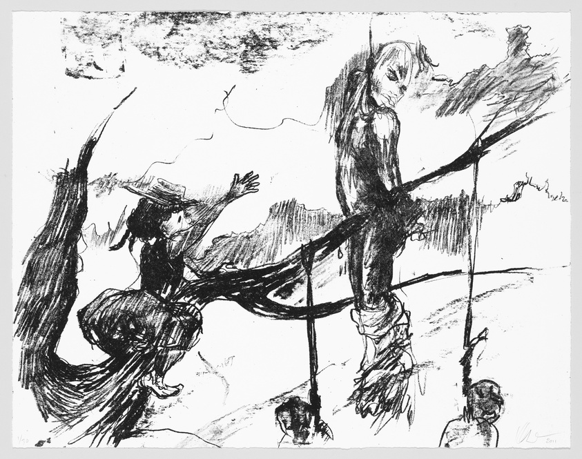 A black and white sketch depicting a surreal scene with a figure wearing a hat, seemingly in motion or dancing, with arms outstretched on a branch or beam. Another figure appears bound or merged with the branch, while additional abstract shapes and lines suggest a chaotic environment. The artwork is expressive with dynamic strokes and marks.