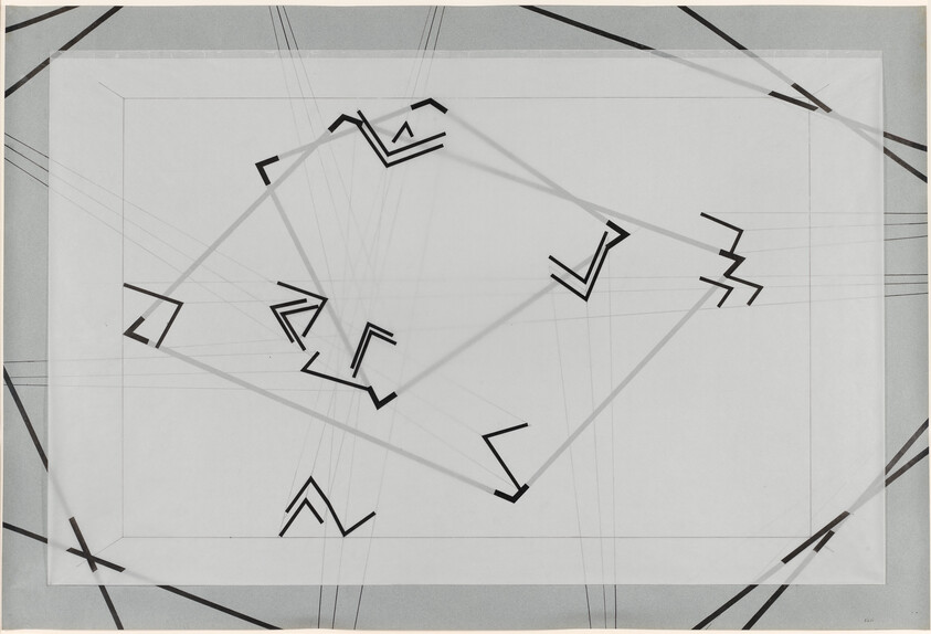 Overlapping translucent rectangles with thin angled lines and scattered bold black corner-like shapes.