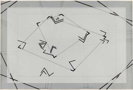 Overlapping translucent rectangles with thin angled lines and scattered bold black corner-like shapes.