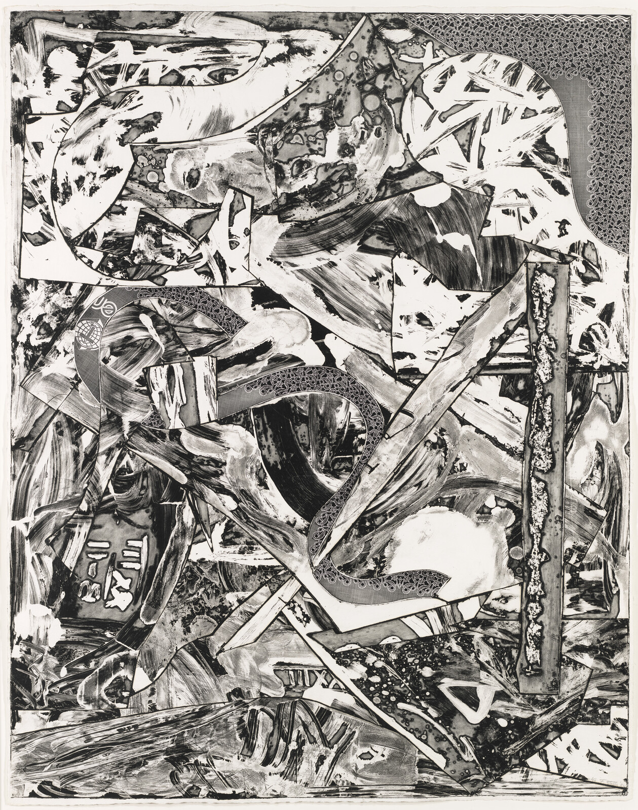 Chaotic black-and-white abstract collage with curved and angular brushstrokes overlapping across the page.