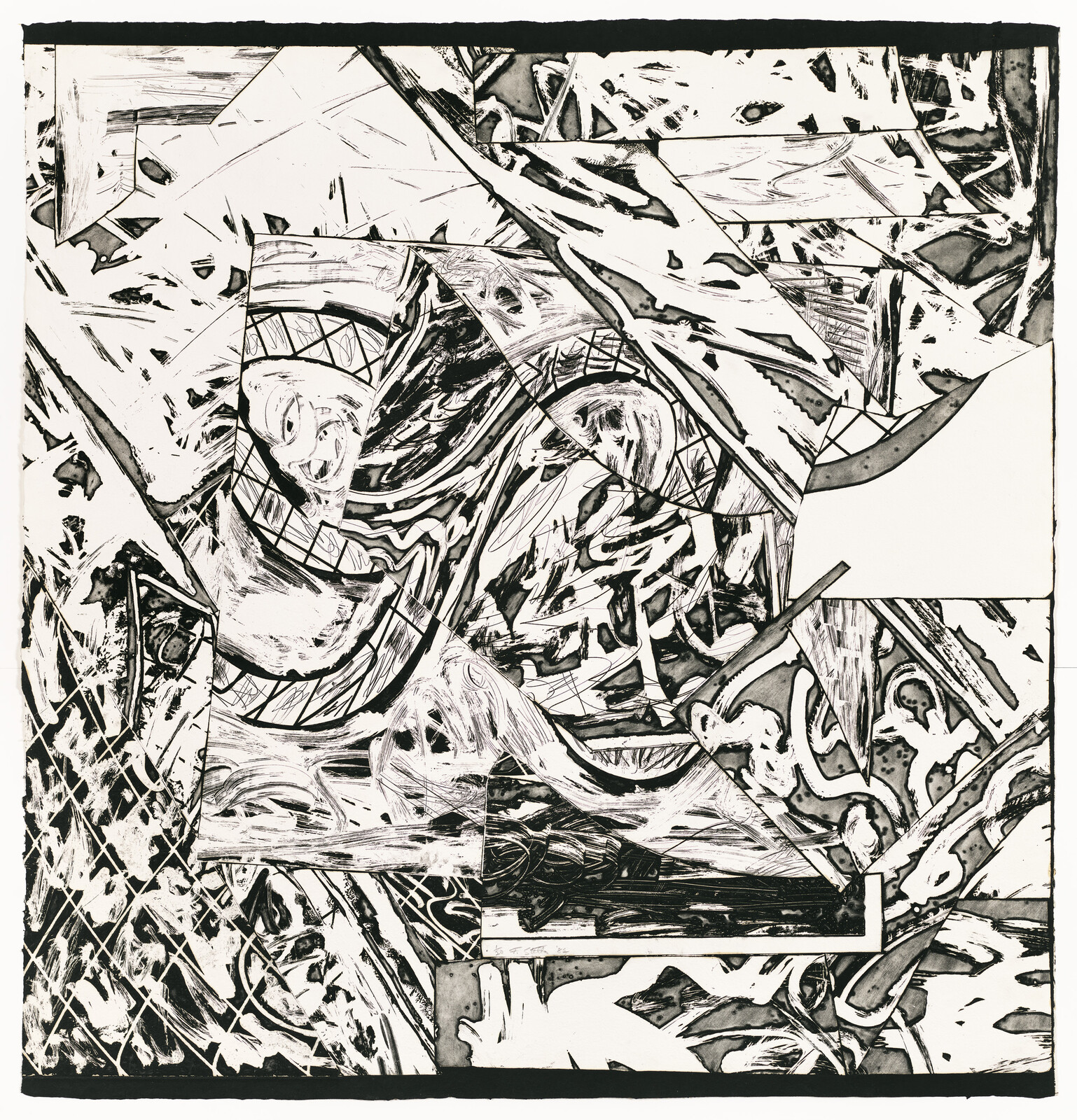 Chaotic black-and-white abstract collage of twisted shapes, overlapping lines, and fragmented patterns.