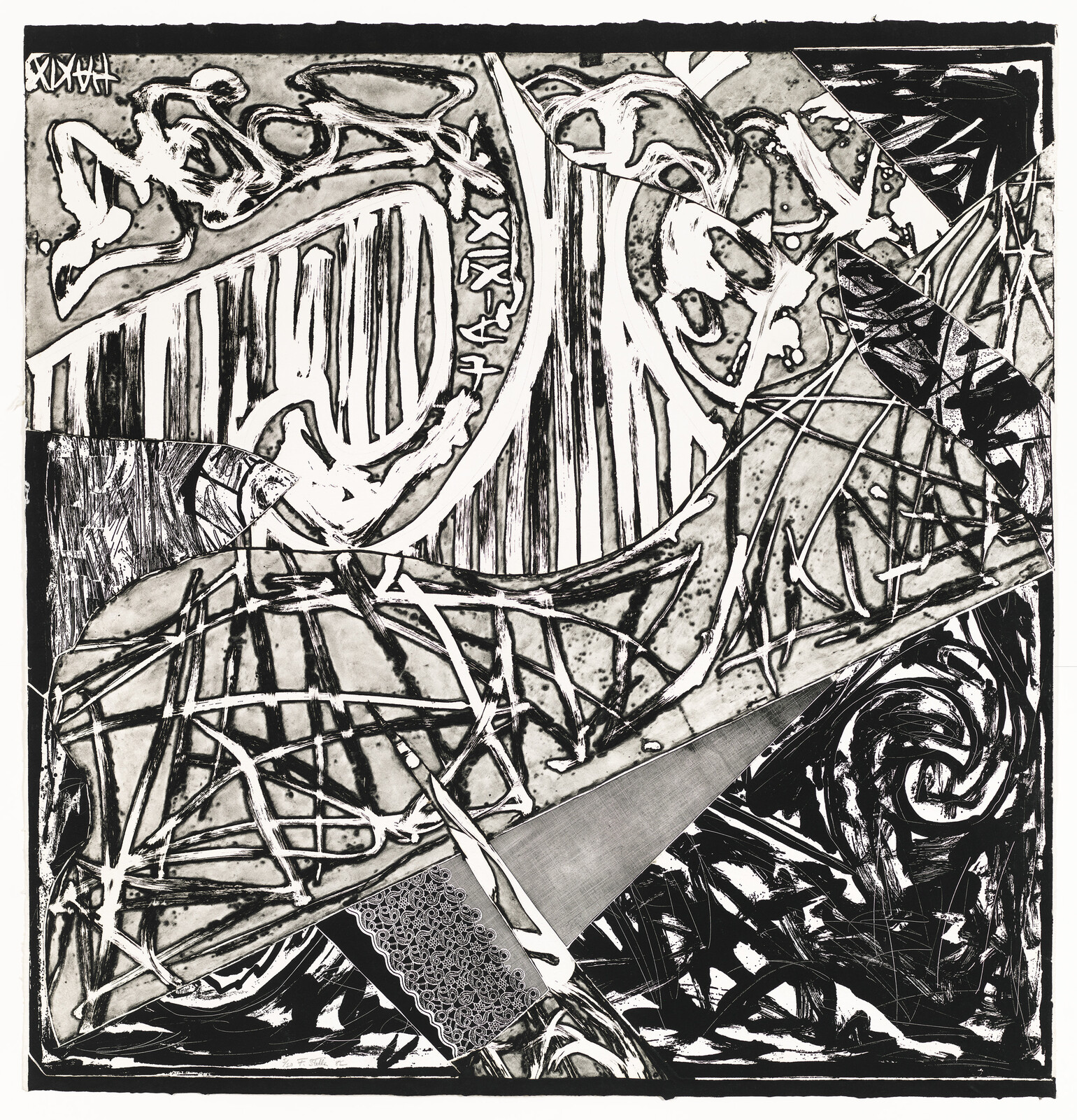 Abstract black-and-white composition with tangled lines, spirals, and layered geometric shapes across the page.