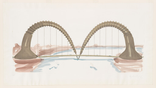 A conceptual sketch of a double-arched bridge with ribbed curved supports spanning a river.