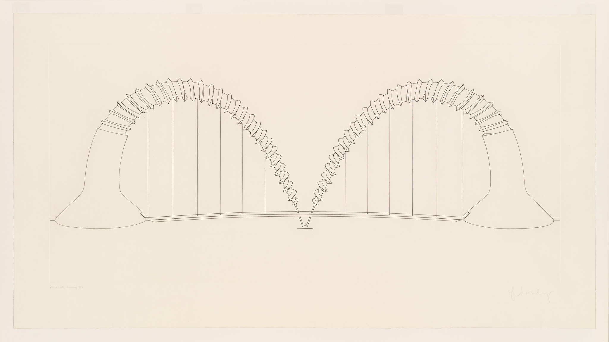 Two corrugated arching tubes mirror each other over a thin central bridge base.