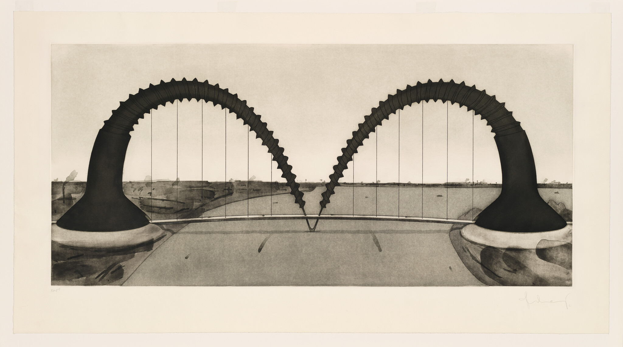 Two large corrugated arches with thin vertical lines span a flat coastal landscape.