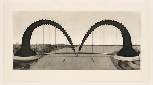 Two large corrugated arches with thin vertical lines span a flat coastal landscape.