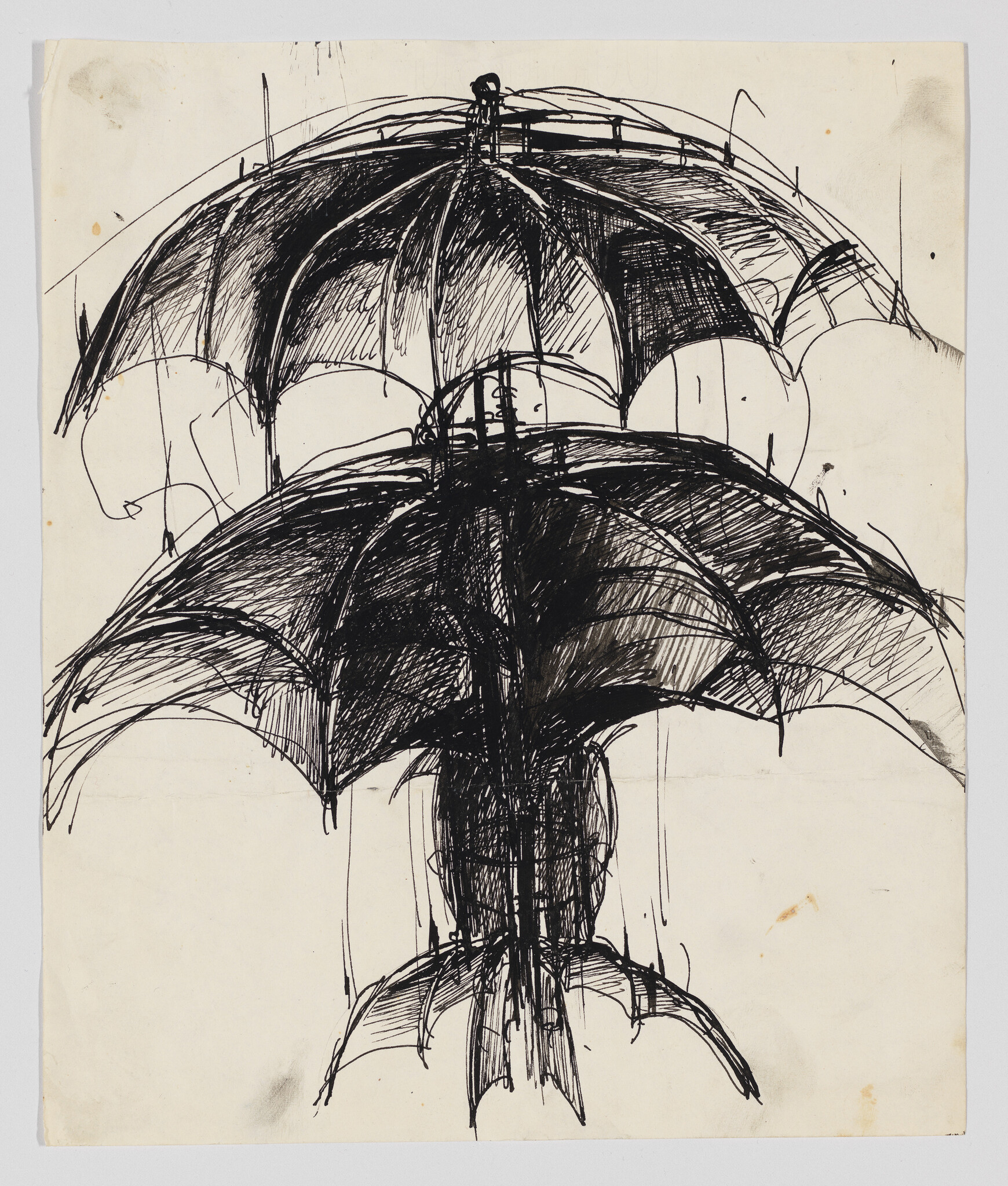 A black ink sketch of overlapping umbrellas sheltering a head-and-shoulders figure.