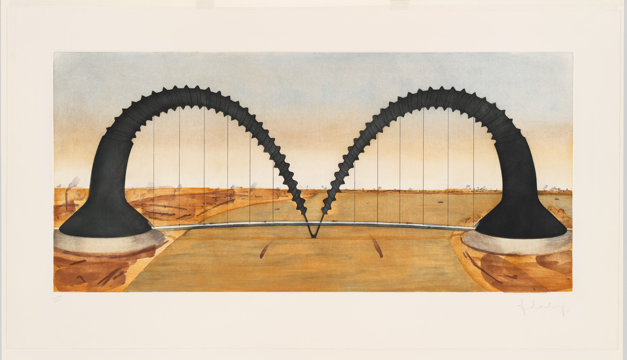 Two giant black curved towers arch toward each other with thin suspended strings over a plain.