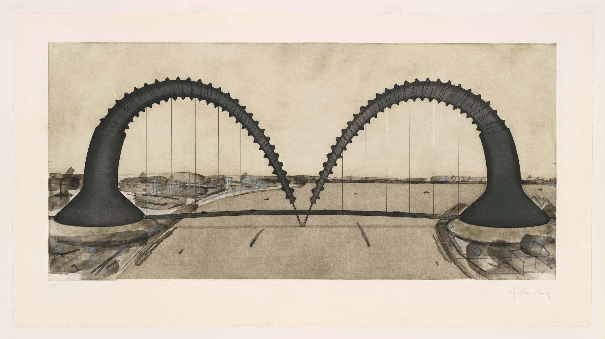 Two large ribbed arches with vertical strings meeting at the center over a flat landscape.
