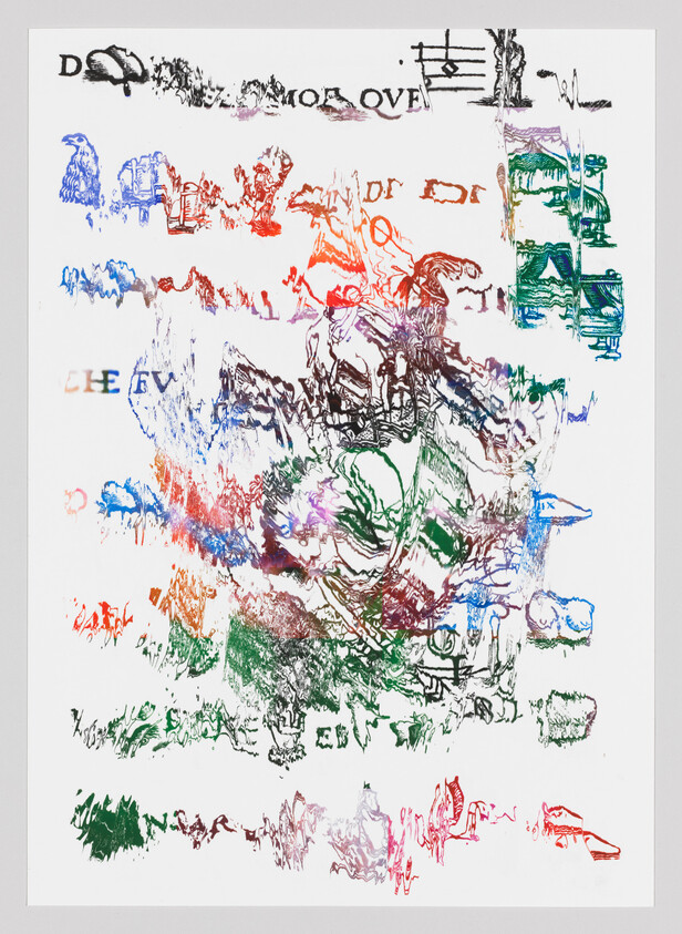 Abstract multicolored smudged printed text and shapes scattered across a white page.