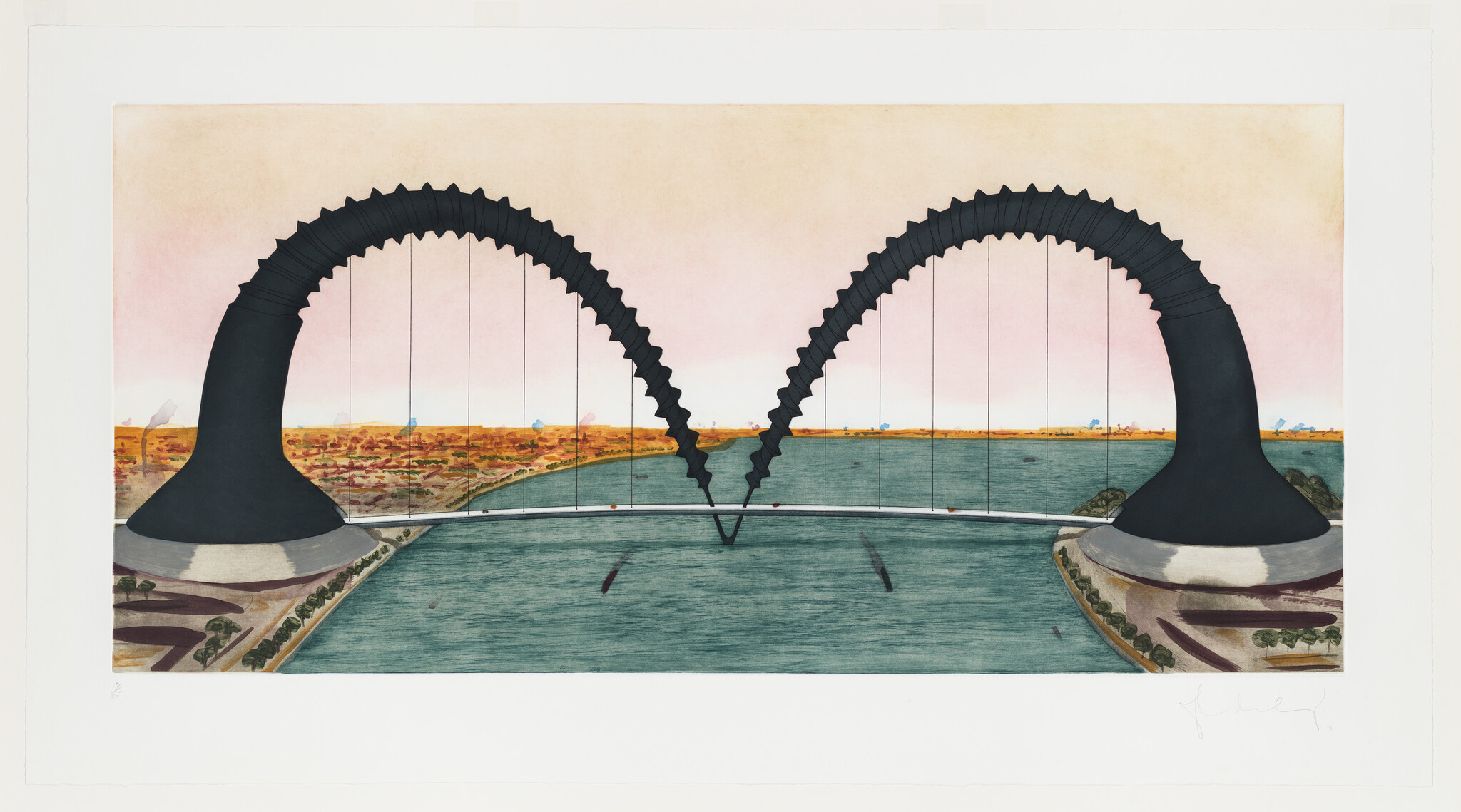 A futuristic bridge with two large black curved supports connected by suspension cables over a river.