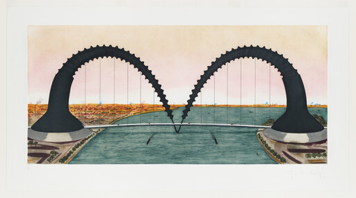A futuristic bridge with two large black curved supports connected by suspension cables over a river.