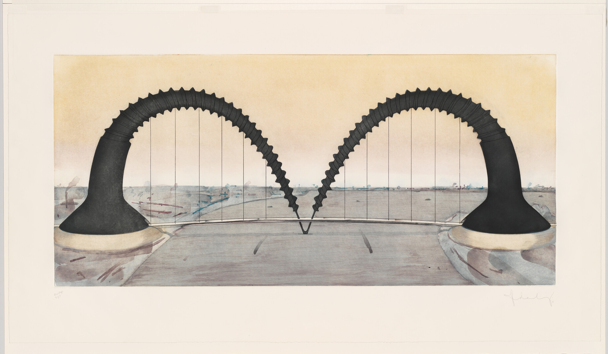 Two large ribbed black arches with vertical strings meeting at a central V over a flat shore.