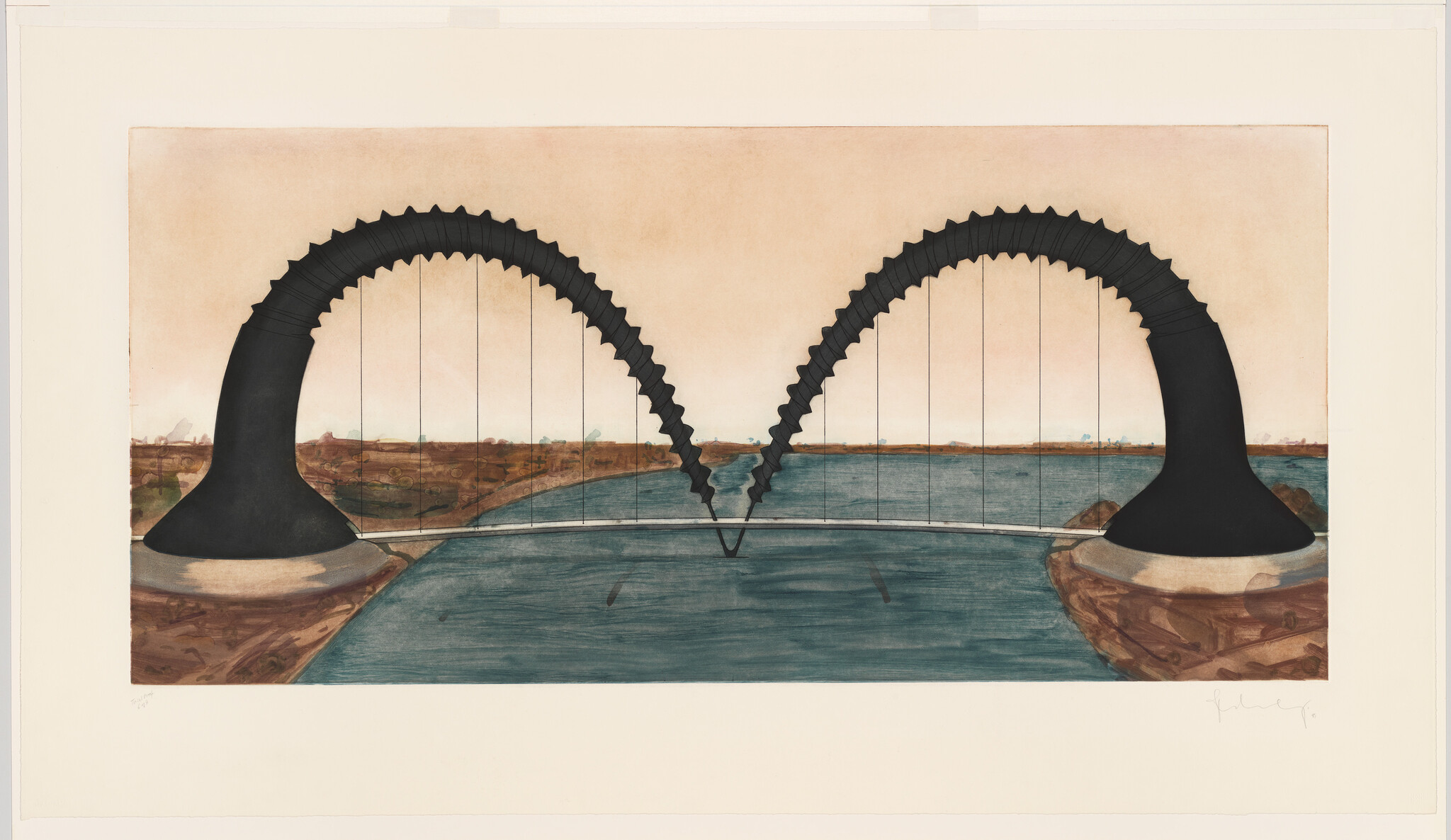 Two large black curved supports connected by thin cables form a bridge over a river.